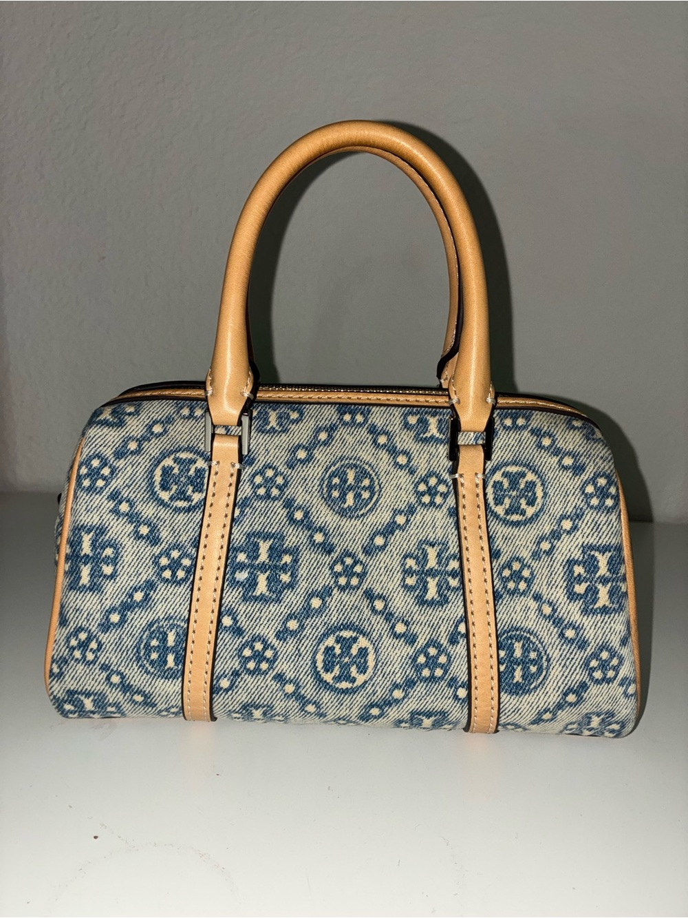 Tory Burch Blue Monogram Denim Mini Satchel with Tan Handles